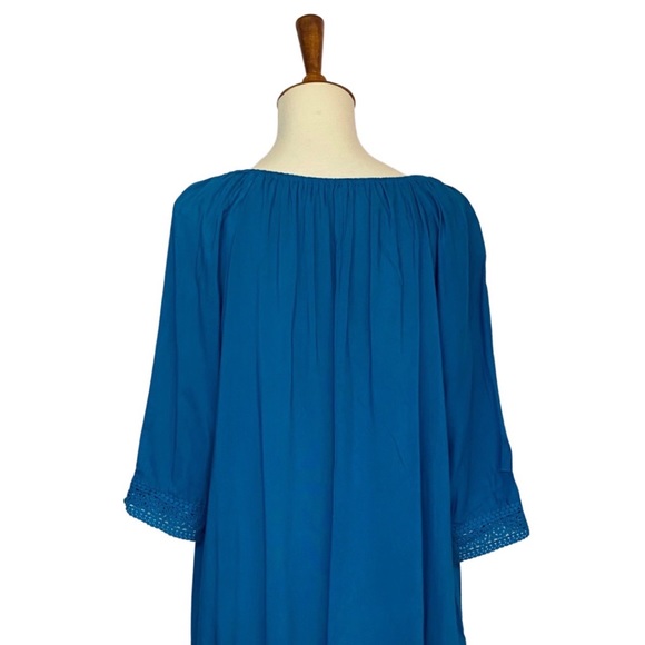 Boho Teal Blue Loose V-Neck Drawstring Beach Bikini Coverup - Picture 10 of 12